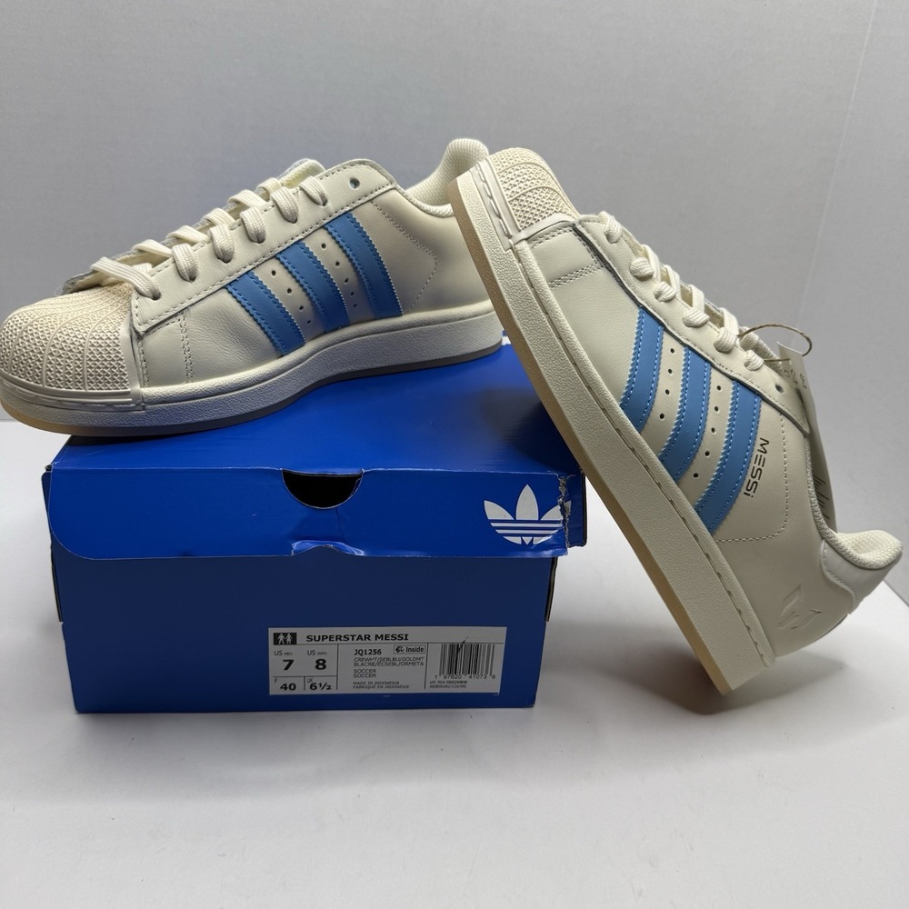 Adidas Superstar Messi Men’s 7 Women’s 8 Cream Blue JQ1256 New
